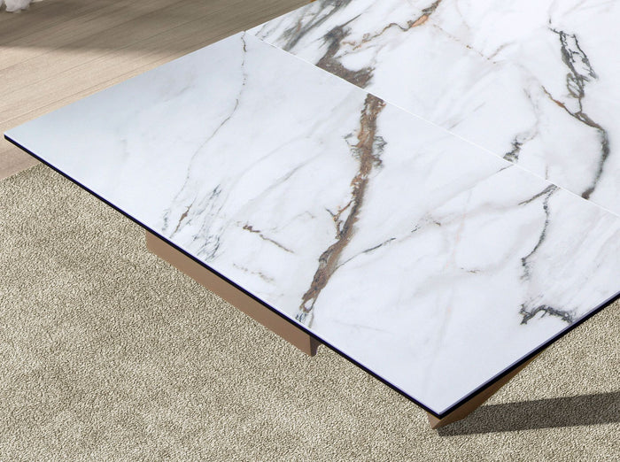 Tavolo da pranzo rettangolare allungabile in marmo porcellanato e noce