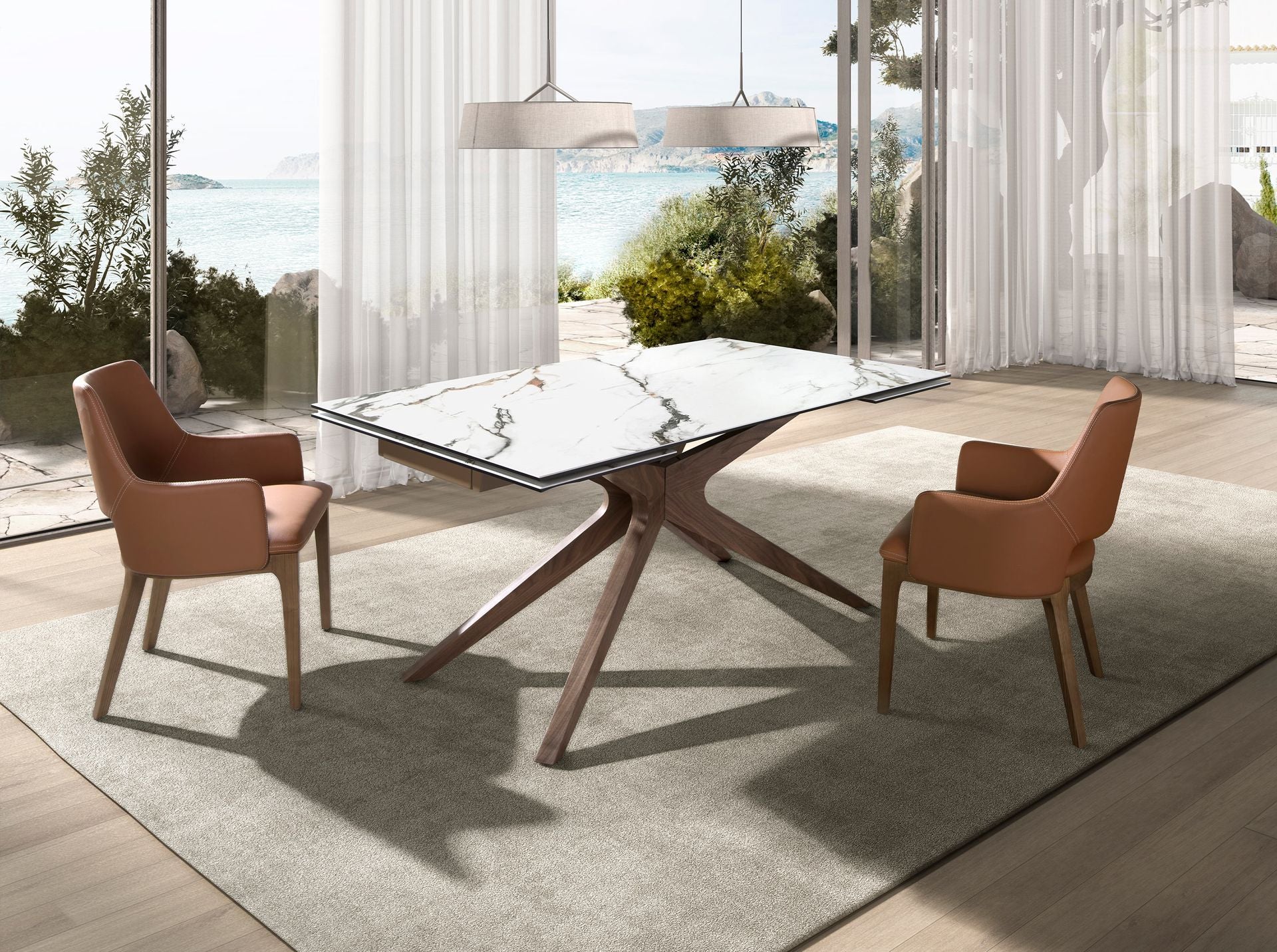 Tavolo da pranzo rettangolare allungabile in marmo porcellanato e noce