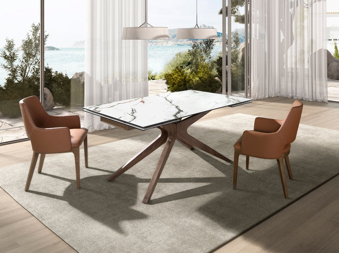 Tavolo da pranzo rettangolare allungabile in marmo porcellanato e noce