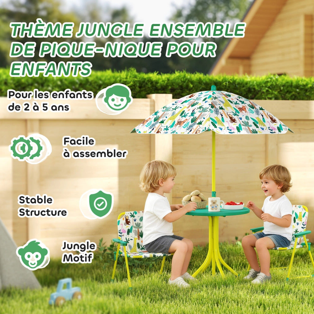 Set Salotto Giardino per Bambini con 2 Sedie Pieghevoli e Parasole, Tema Jungle ¨C zephmum ¨C Verde