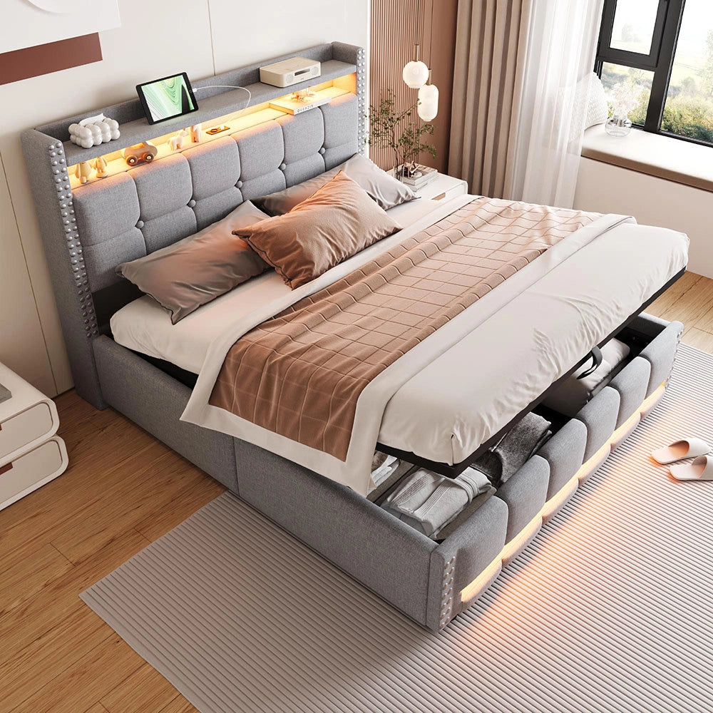 Letto matrimoniale-Xylo-160x200 cm-LED, USB, scaffale, idraulico, lino grigio