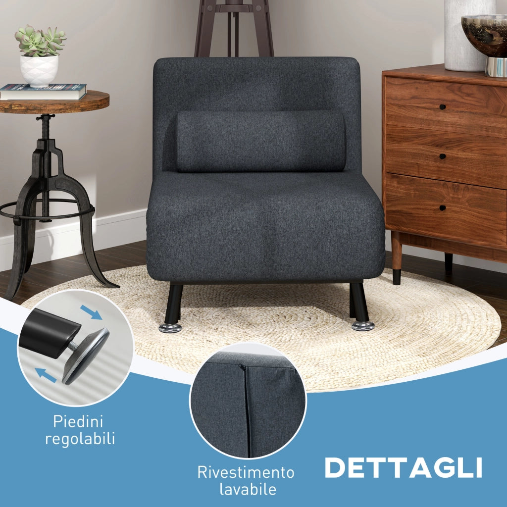 Poltrona Letto 3 in 1 con Schienale Regolabile e Cuscino, in Tessuto Effetto Lino e Acciaio, Grigio Scuro