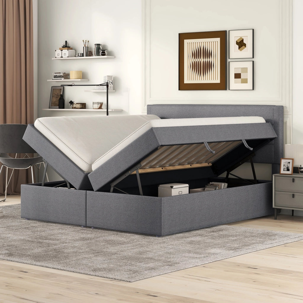 Polsterbett matrimoniale 140x200 cm con rete a sollevamento, contenitore salvaspazio, Grigio/Beige