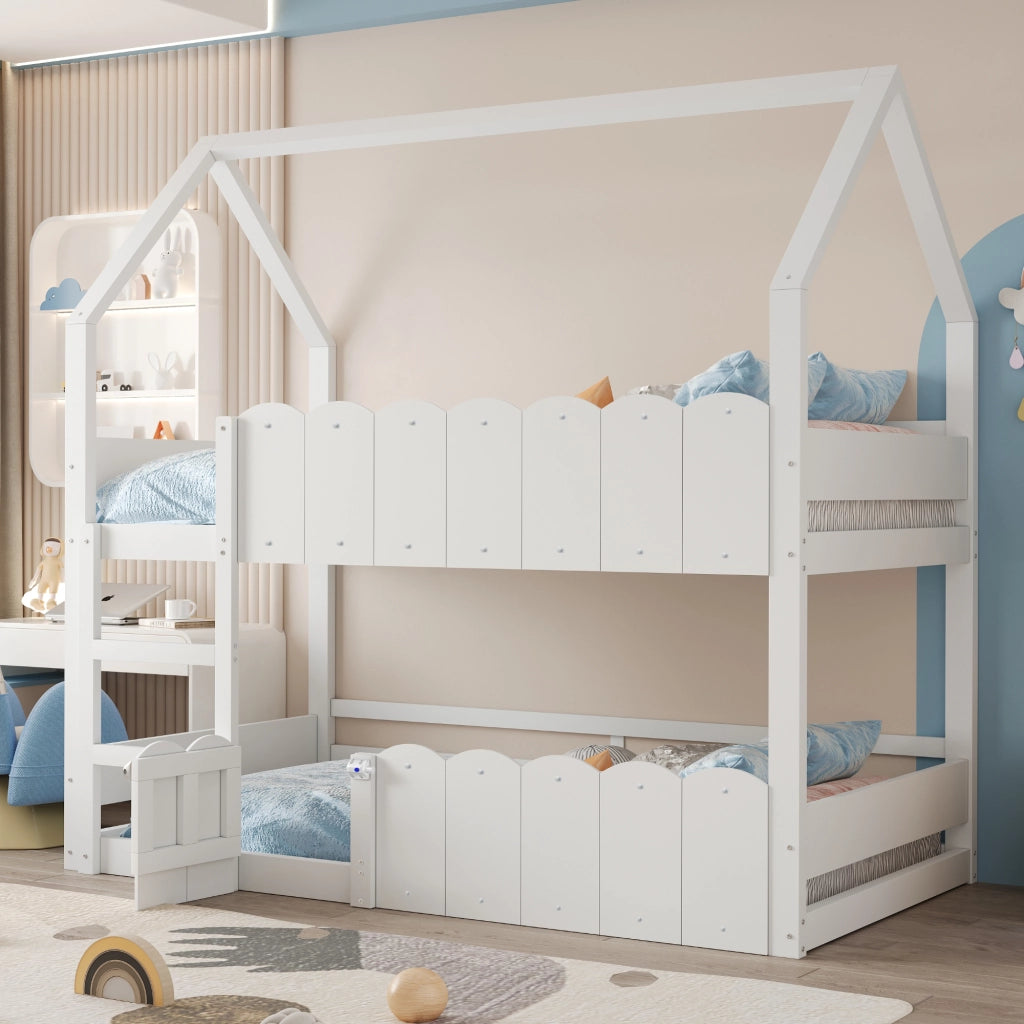 LETTO a castello a forma di casa 90x200 cm in legno bianco