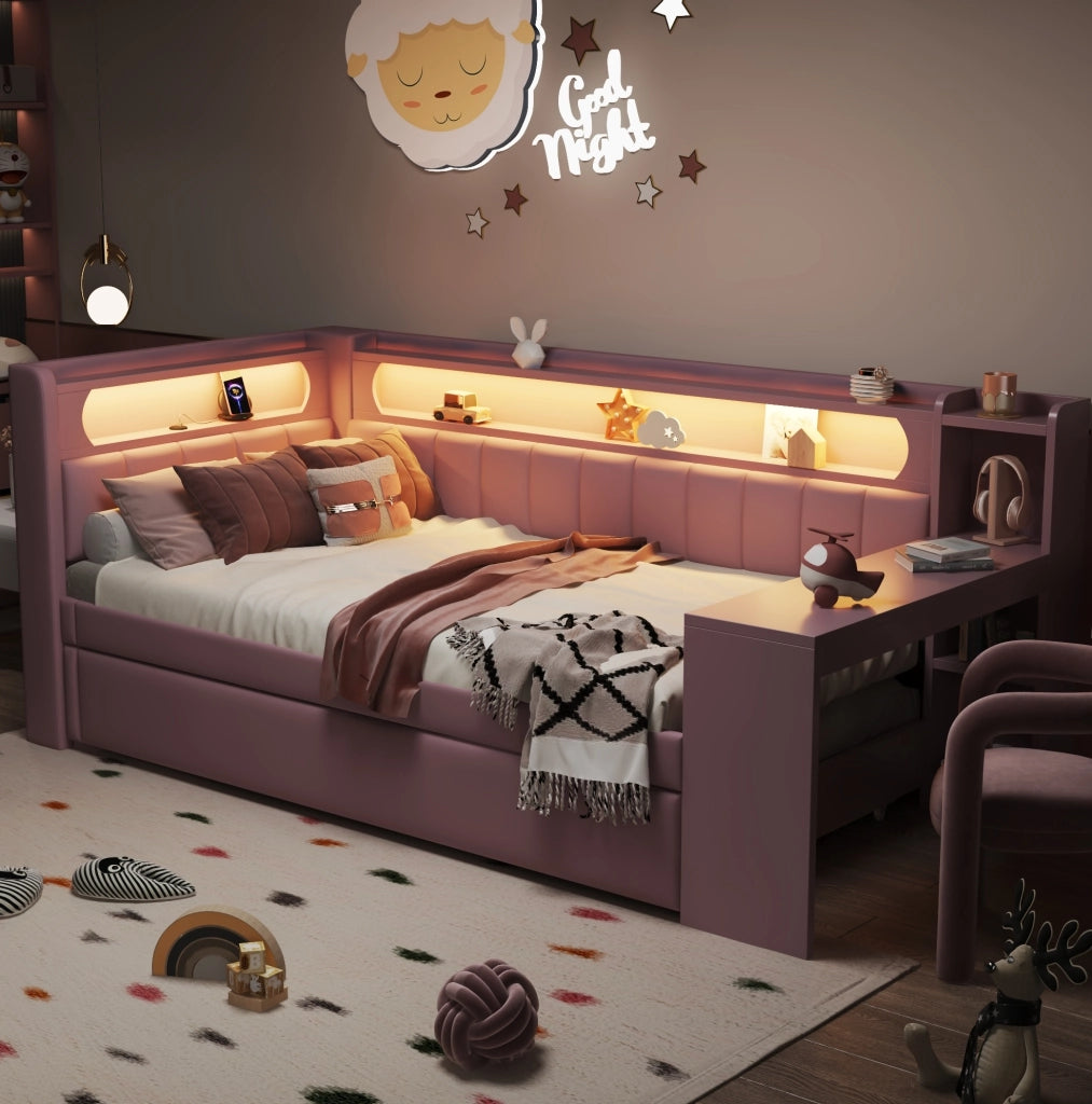 Letto da giorno imbottito rosa 90x200 con LED, USB, letto estraibile e scrivania