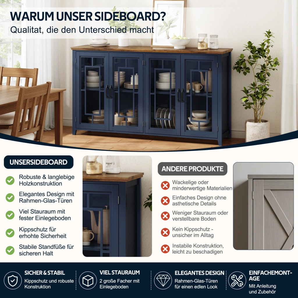 Credenza e madia con ante in vetro, 2 vani, piano effetto legno, in MDF, per cucina e soggiorno 160 × 40 × 86 cm