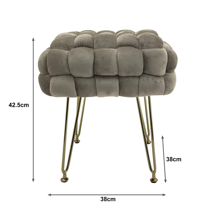 Marvin Pouf in Velluto Intrecciato con Gambe in Metallo Oro Cromato Sophie Poggiapiedi Sgabello per Casa Soggiorno Beige