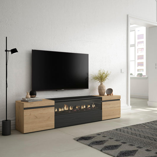 Mobile TV, 200x35x45cm, soggiorno, Per TV fino a 80", Camino elettrico, colore Rovere e nero RF2259