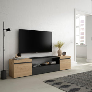 Mobile TV, 200x35x45cm, soggiorno, Per TV fino a 80", Mobile Soggiorno, colore Rovere e nero RF2256