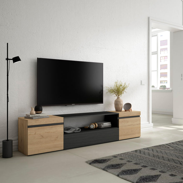 Mobile TV, 200x35x45cm, soggiorno, Per TV fino a 80", Mobile Soggiorno, colore Rovere e nero RF2256