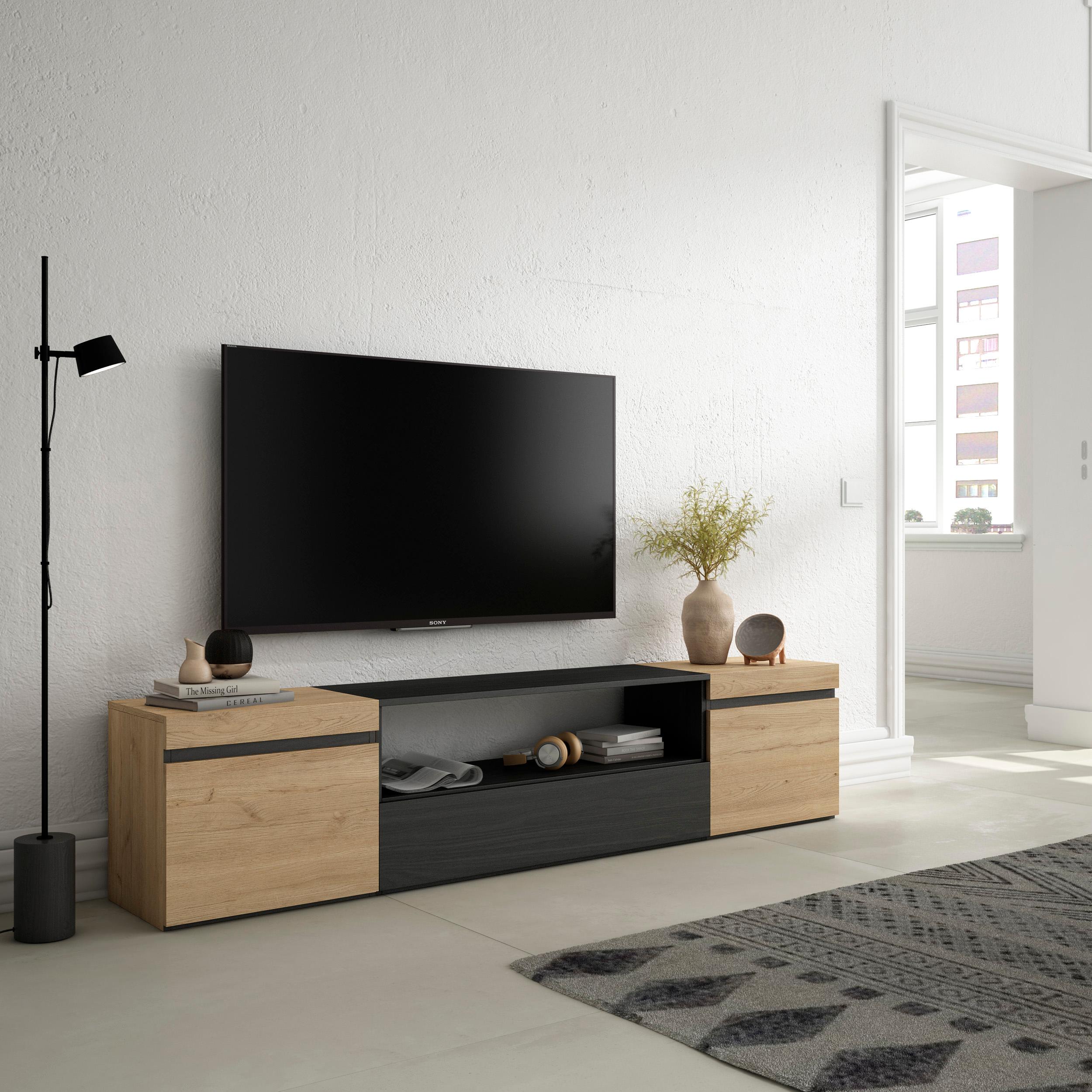 Mobile TV, 200x35x45cm, soggiorno, Per TV fino a 80", Mobile Soggiorno, colore Rovere e nero RF2256