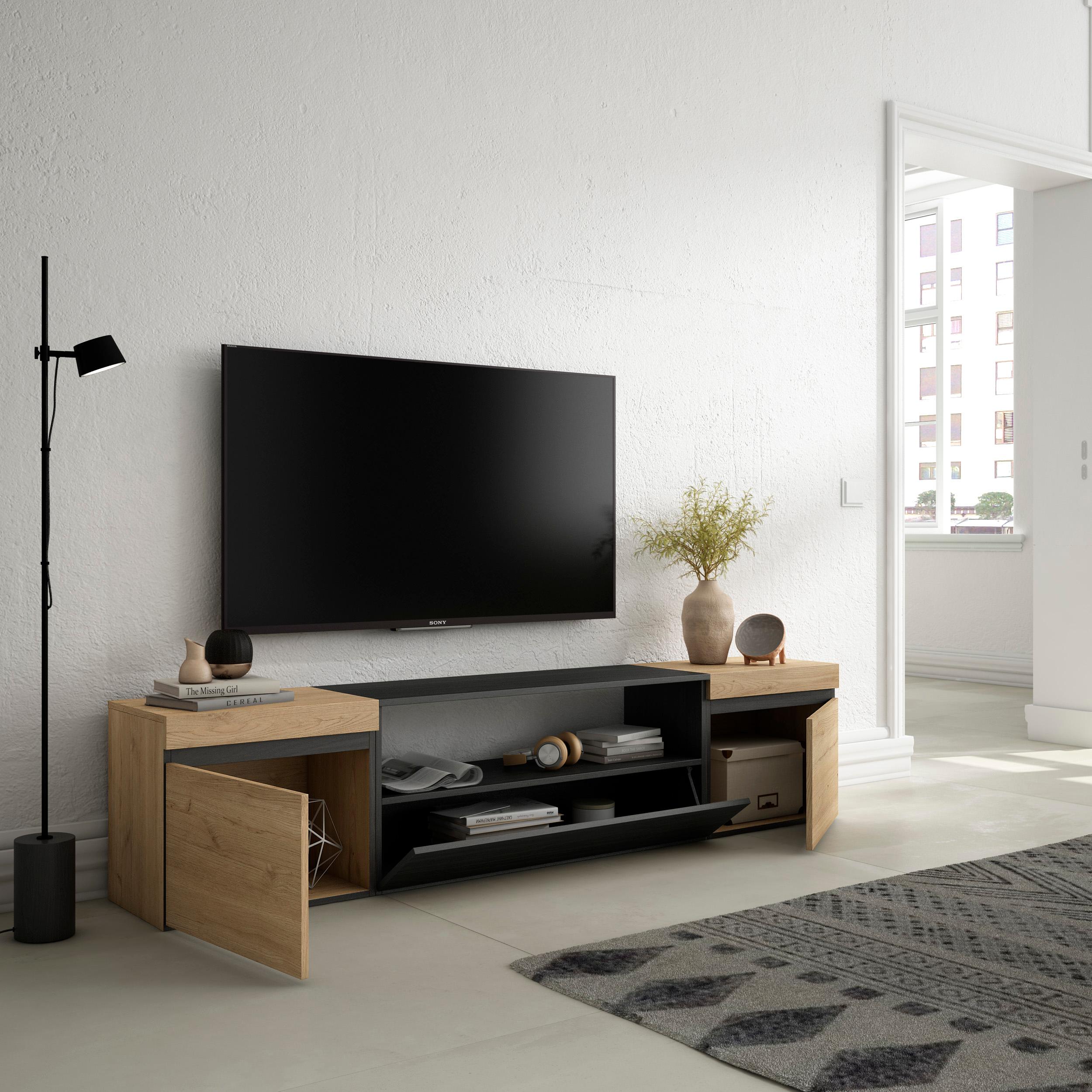 Mobile TV, 200x35x45cm, soggiorno, Per TV fino a 80", Mobile Soggiorno, colore Rovere e nero RF2256