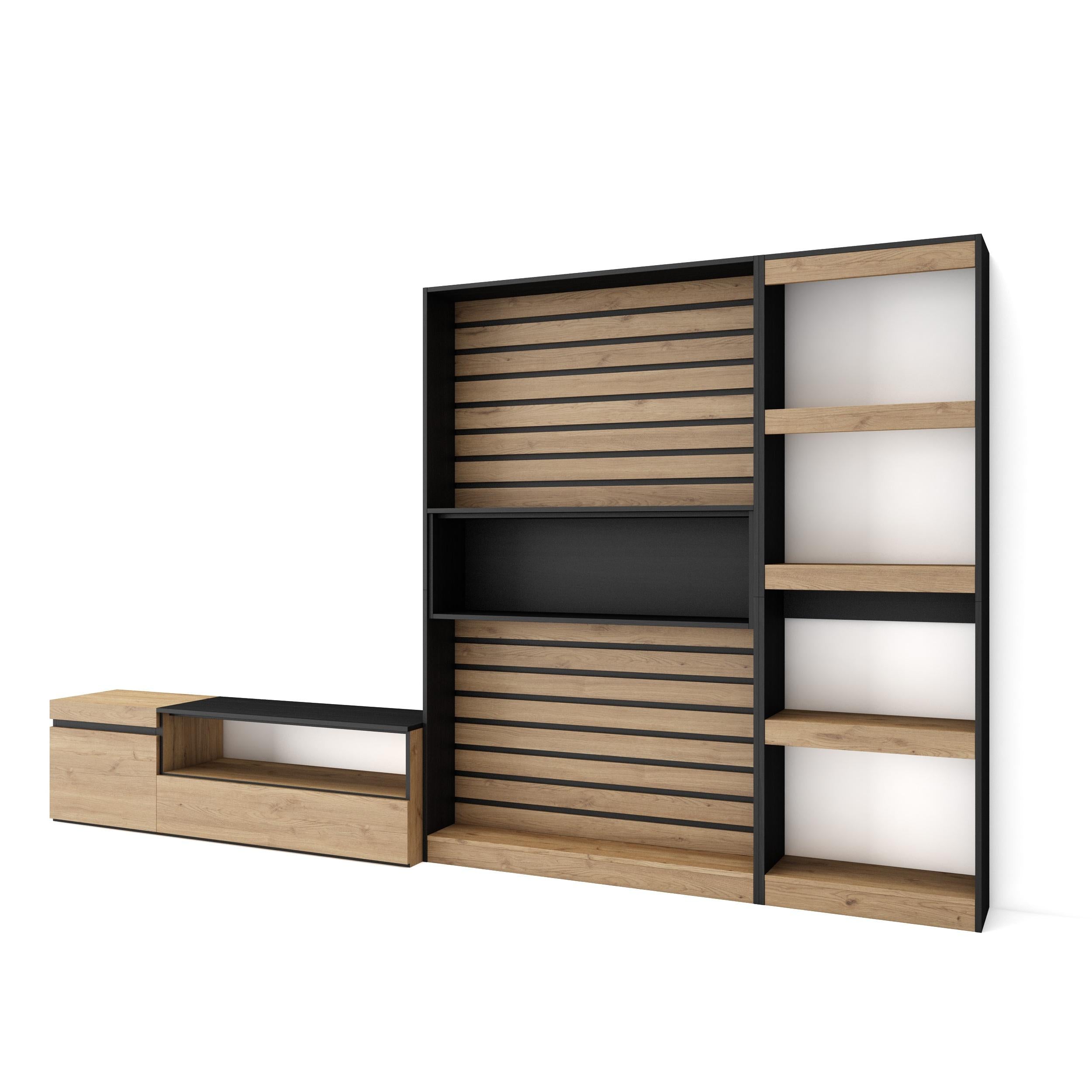 Mobile TV, Soggiorno, 320x35x186cm, Set di mobili, colore Rovere e nero RF2592