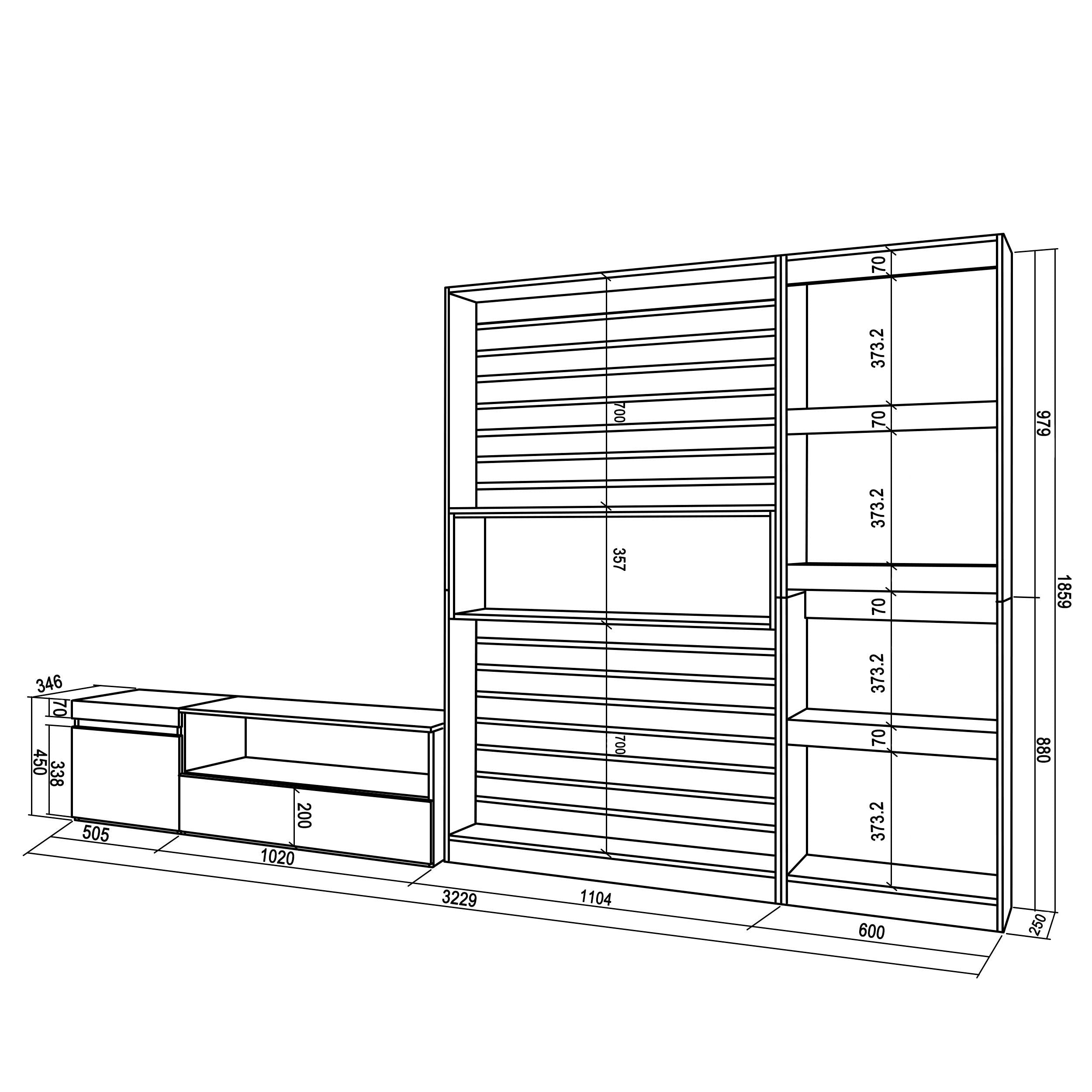 Mobile TV, Soggiorno, 320x35x186cm, Set di mobili, colore Rovere e nero RF2592