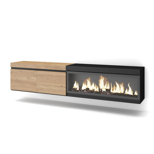 Mobile TV Soggiorno, 208x35x45cm, Per TV fino a 80", Camino elettrico XXL, da appendere, colore Rovere e nero RF3272