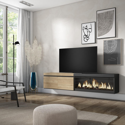 Mobile TV Soggiorno, 208x35x45cm, Per TV fino a 80", Camino elettrico XXL, da appendere, colore Rovere e nero RF3272