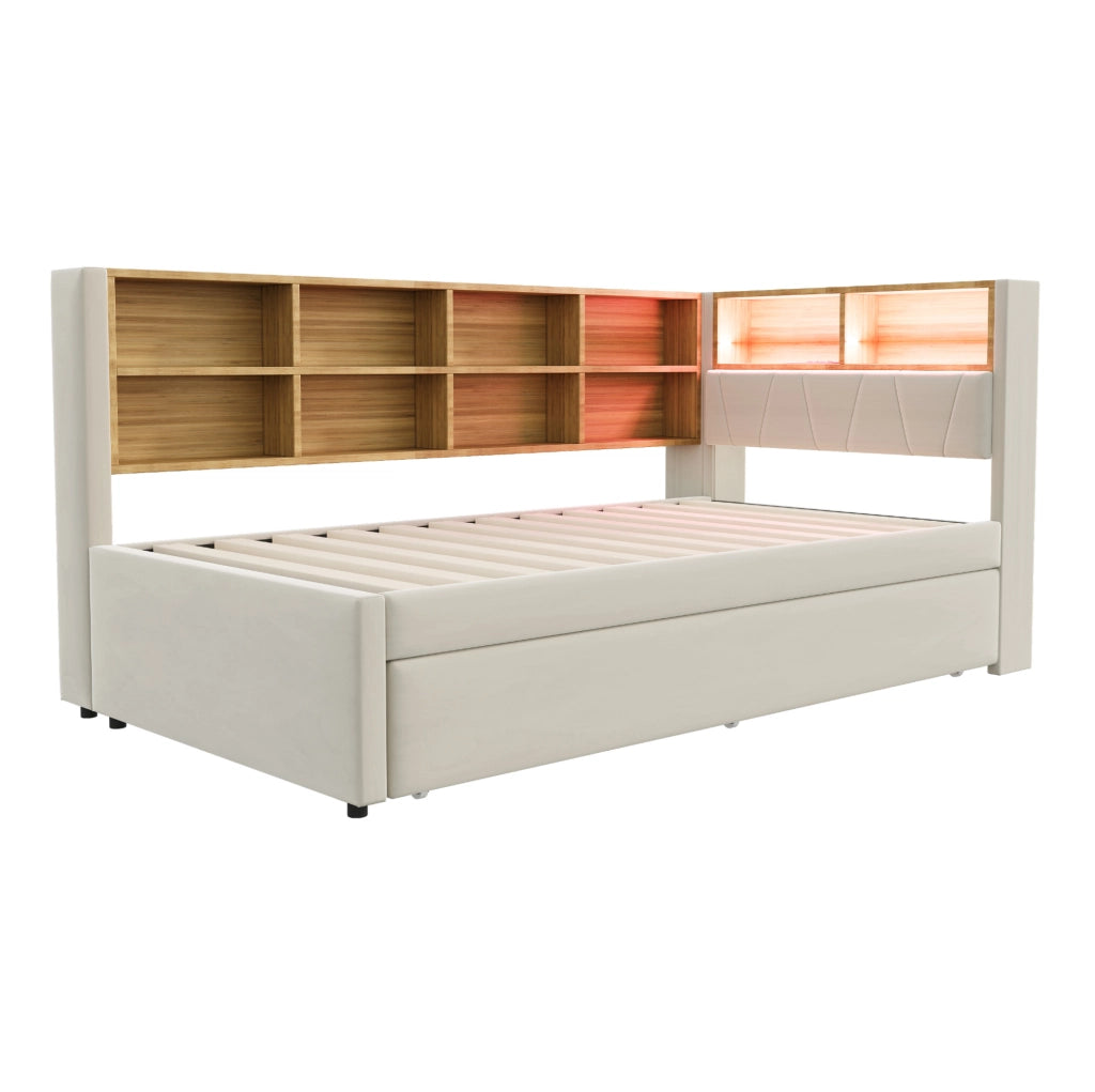 Divano letto multifunzione con letto estraibile, LED, prese e ampio spazio contenitivo