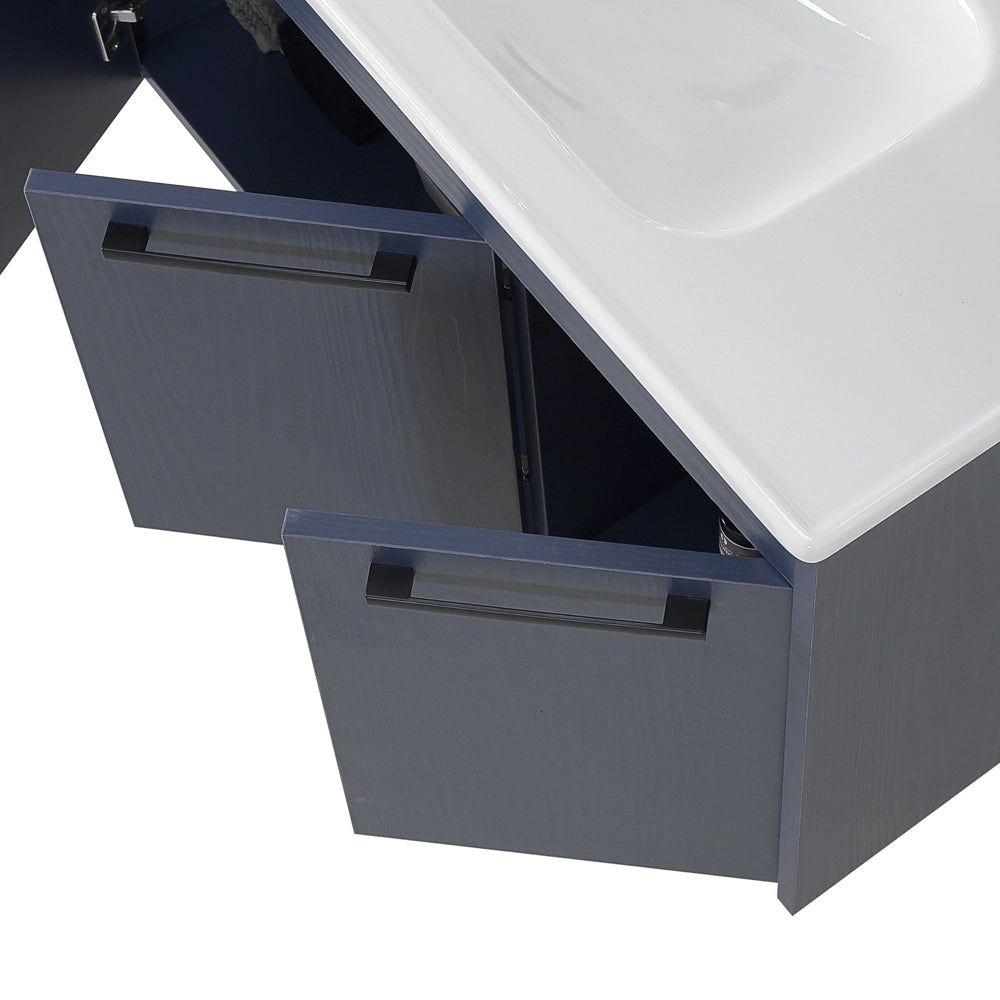 Mobile bagno sospeso 80 cm blu effetto legno con armadietto a specchio Sofia