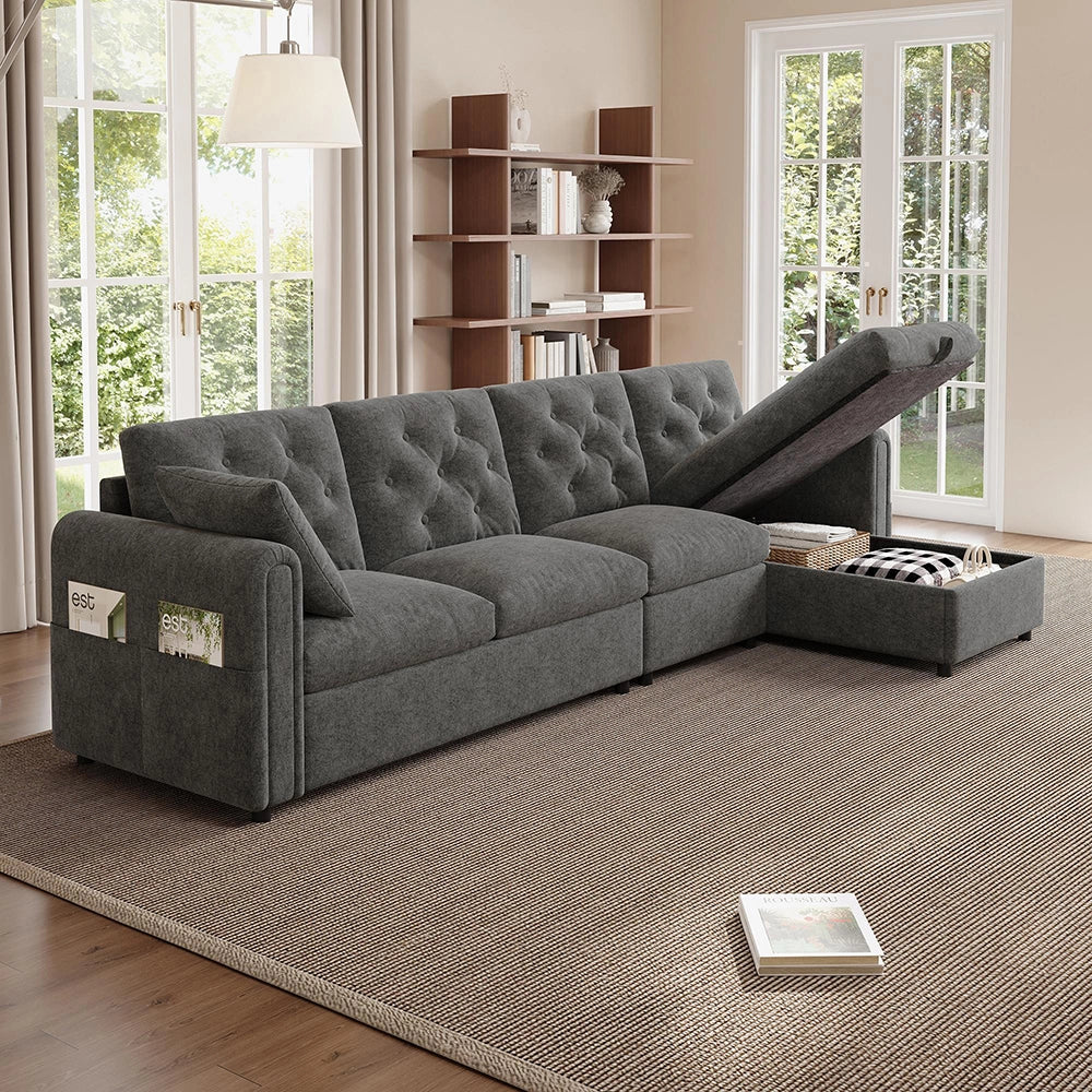 Divano moderno in velluto - Xylo - Angolare con ripostiglio, grigio (281cm)