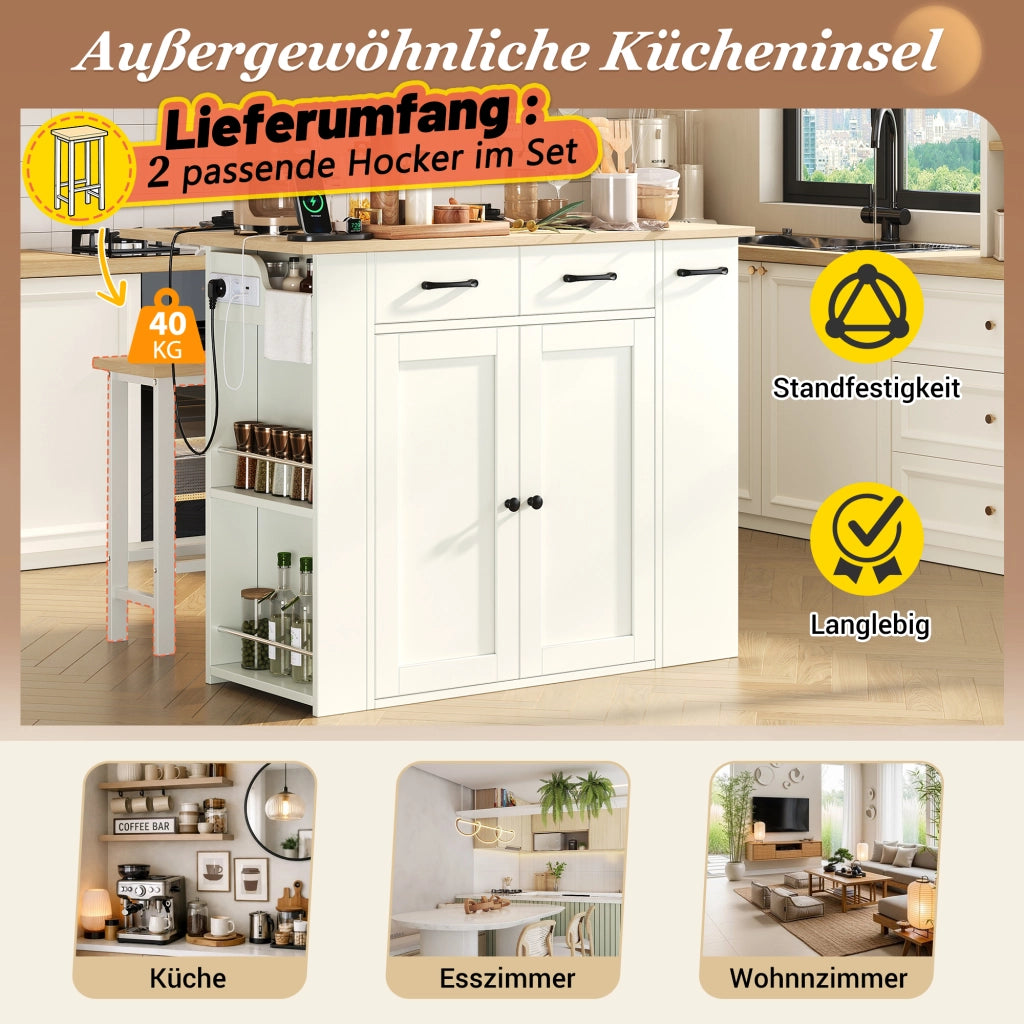 Mobile contenitore con ripiani regolabili; prese e USB per cucina e sala da pranzo in pannello truciolare 120×45-75×96 cm bianco