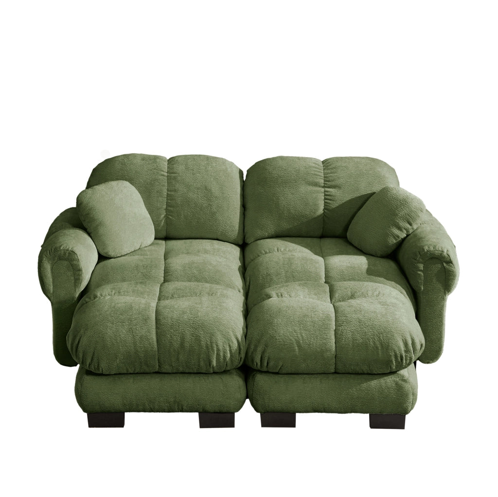 Divano 2 posti in chenille verde con pouf modulare e cuscini imbottiti, dimensioni 190x149x90 cm
