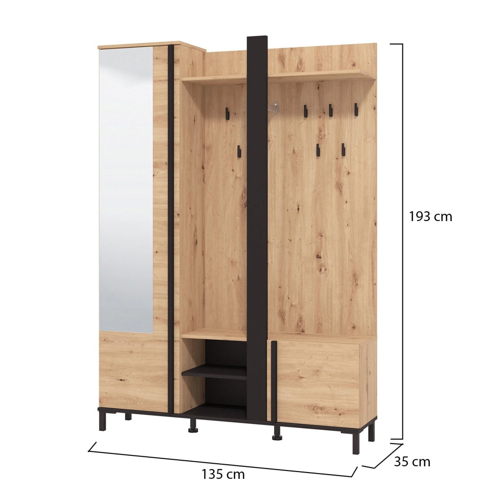 Pandino, Mobile da Ingresso Specchio Incluso, 134.5x34.5x192.5h cm Marrone Rovere Nodi