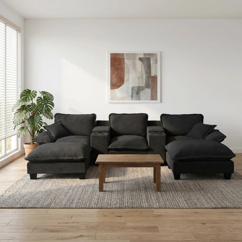 Divano modulare a U con USB; contenitori e pouf removibile; 323x155x90 cm; chenille nero