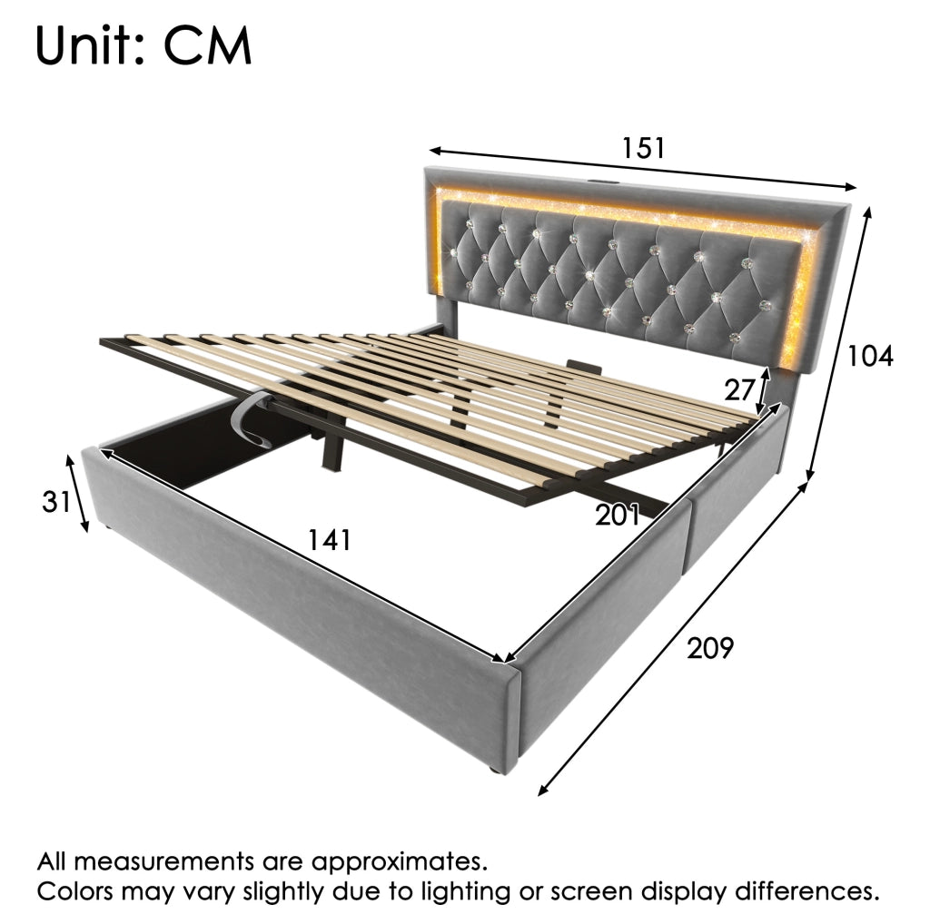 Letto matrimoniale 140x200 cm in velluto grigio con LED integrato; USB e Type-C; contenitore idraulico