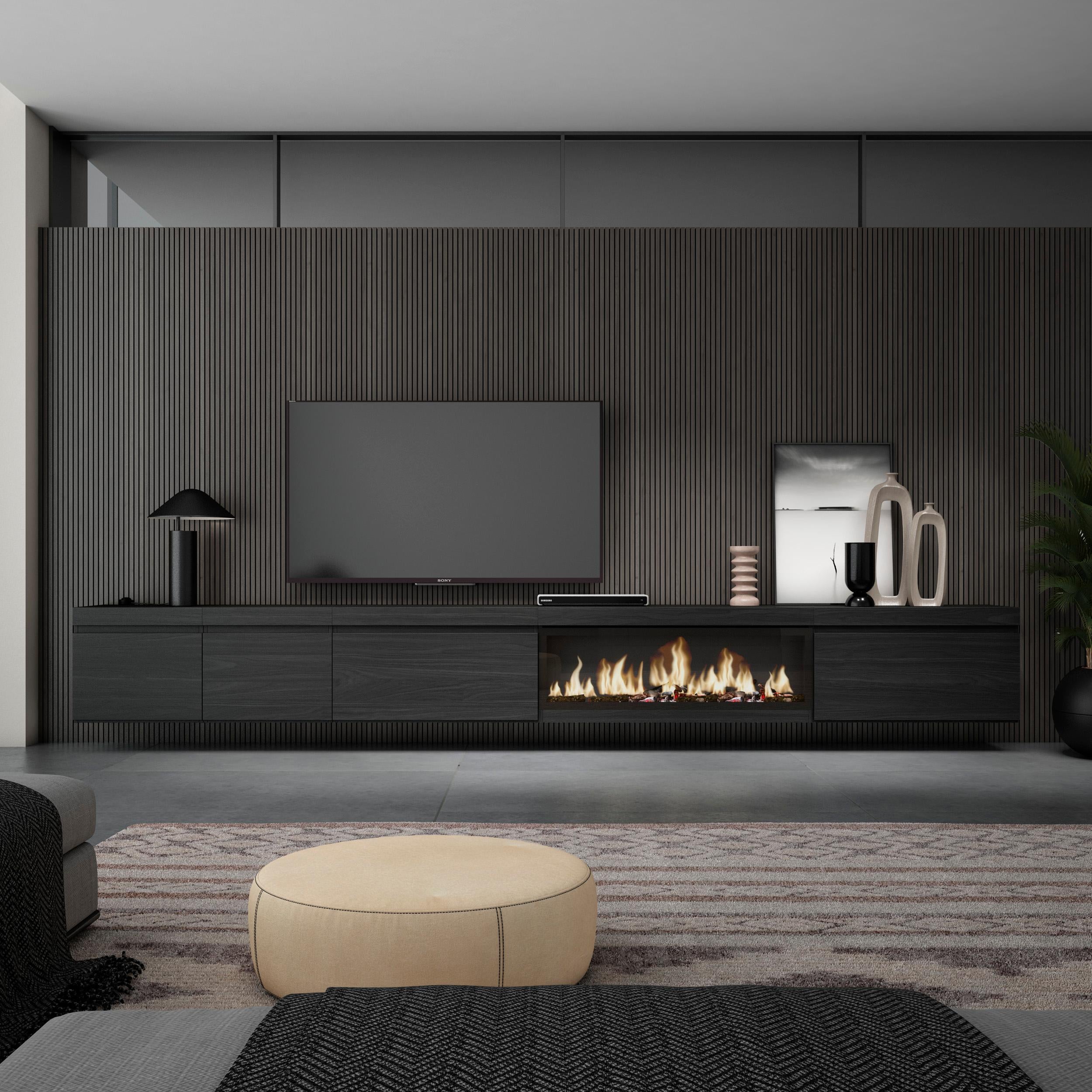 Mobile TV Soggiorno, 368x35x45, Camino elettrico XXL, da appendere, Nero RF3687