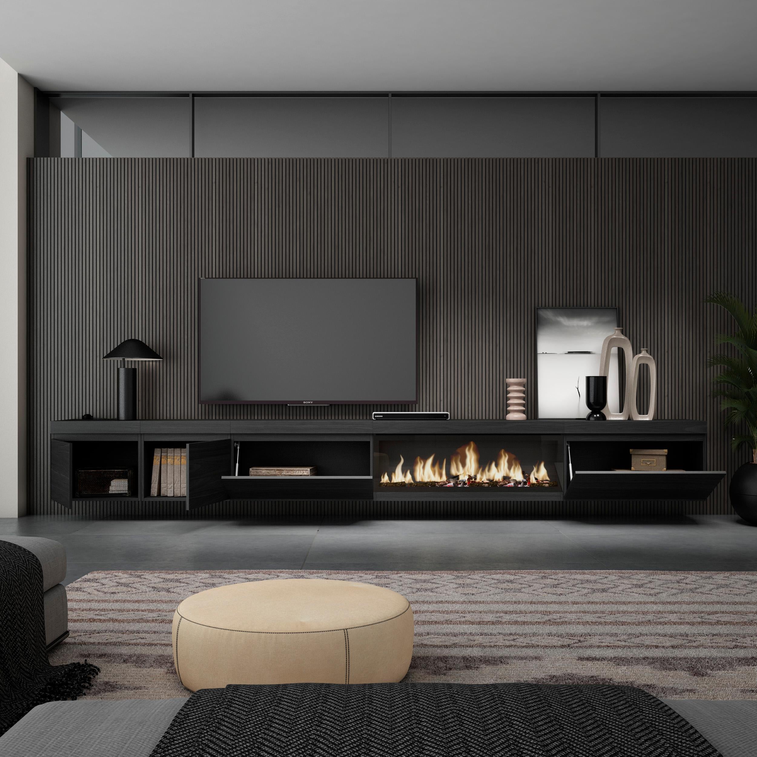 Mobile TV Soggiorno, 368x35x45, Camino elettrico XXL, da appendere, Nero RF3687