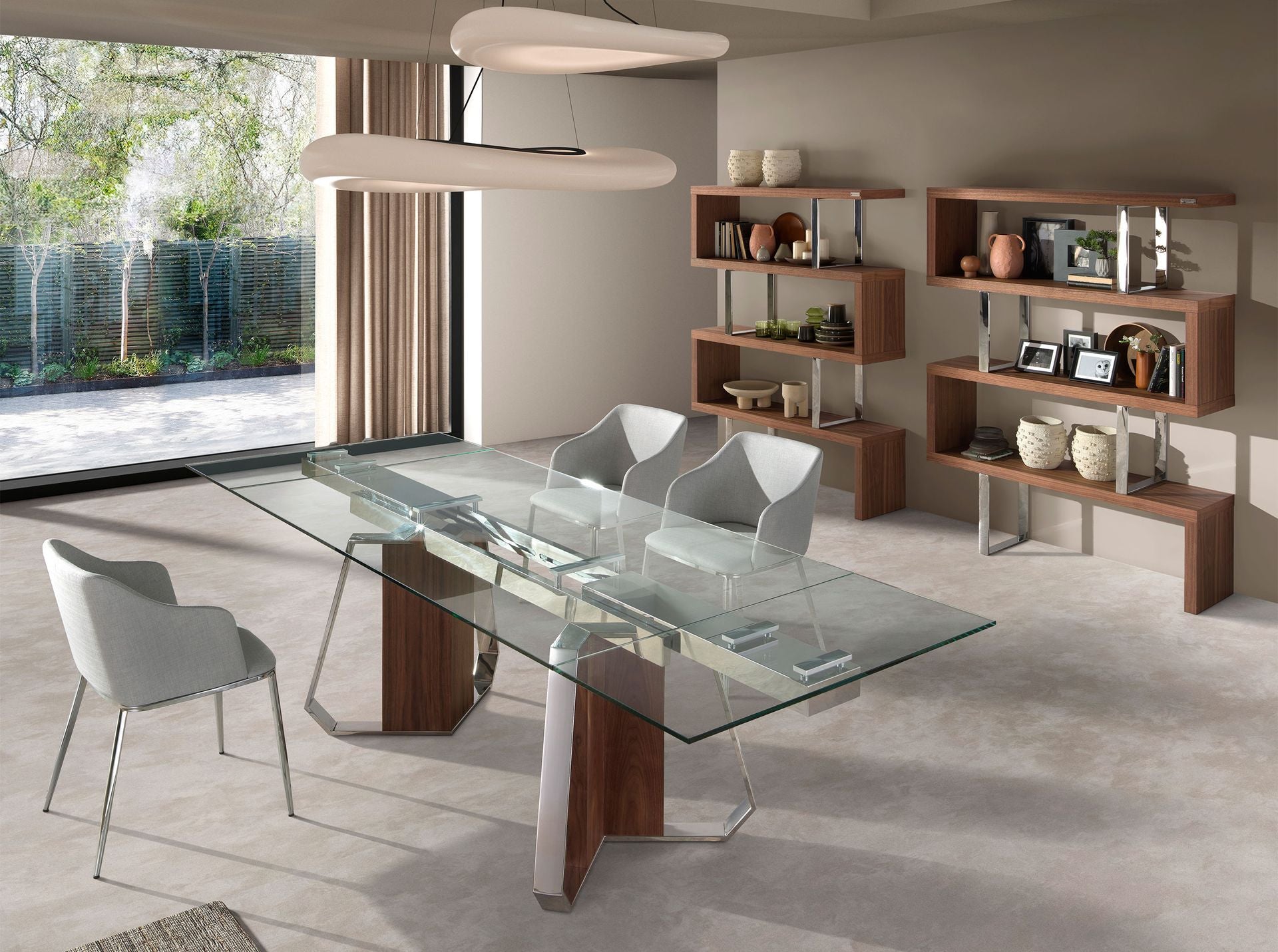 Tavolo da pranzo rettangolare allungabile in vetro temperato, noce e acciaio cromato