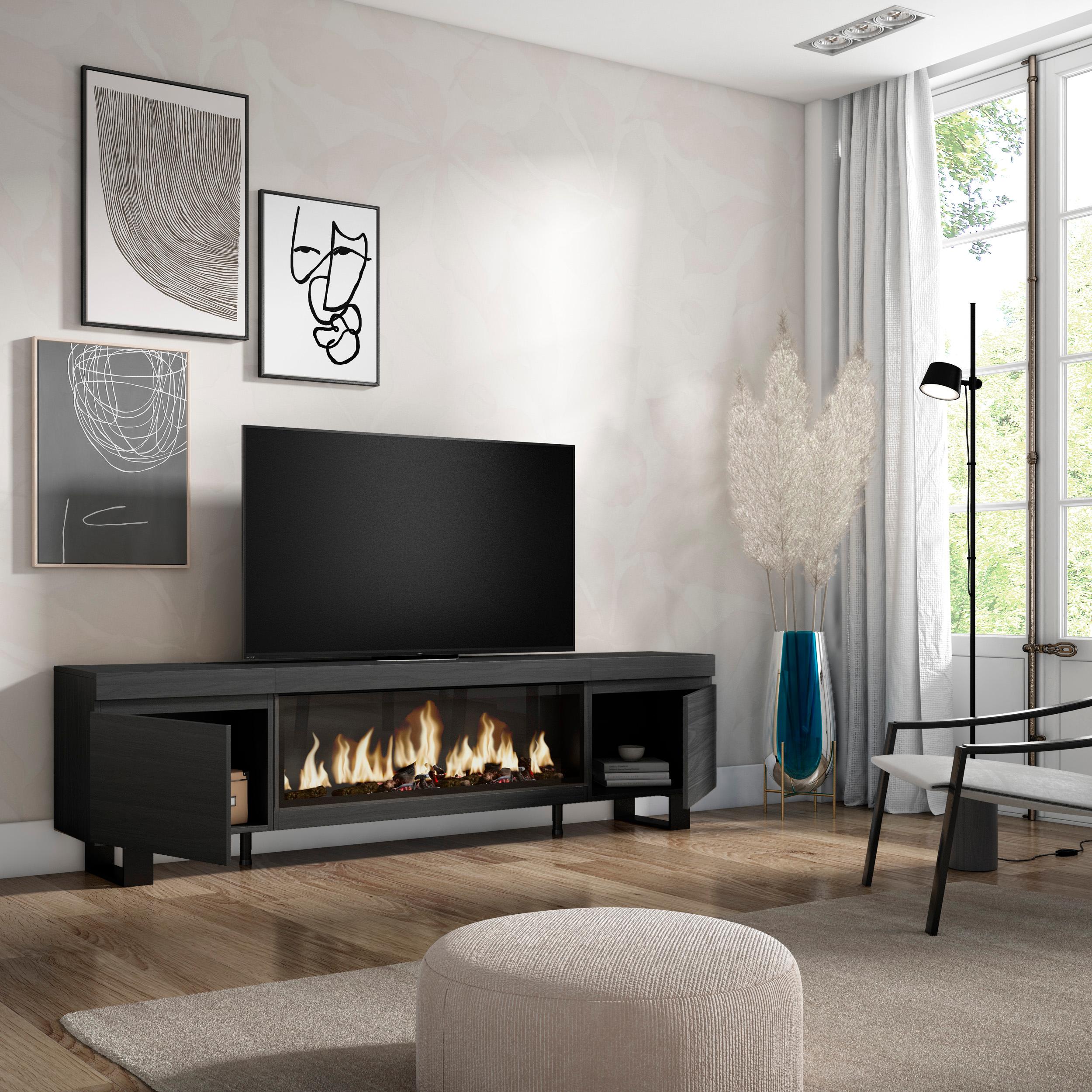 Mobile TV Soggiorno, 208x35x57cm, Per TV fino a 80", Camino elettrico XXL, Design industriale, Nero RF3259