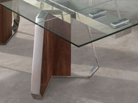 Tavolo da pranzo rettangolare allungabile in vetro temperato, noce e acciaio cromato