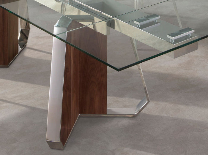 Tavolo da pranzo rettangolare allungabile in vetro temperato, noce e acciaio cromato