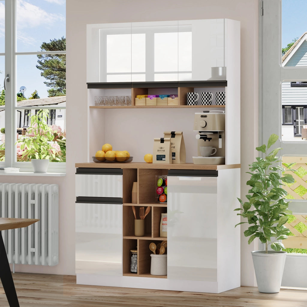 Credenza da Cucina Alta con 2 Ante; 1 Cassetto; Vani Aperti e Ripiani Regolabili; in MDF; 105x45x185 cm; Bianco