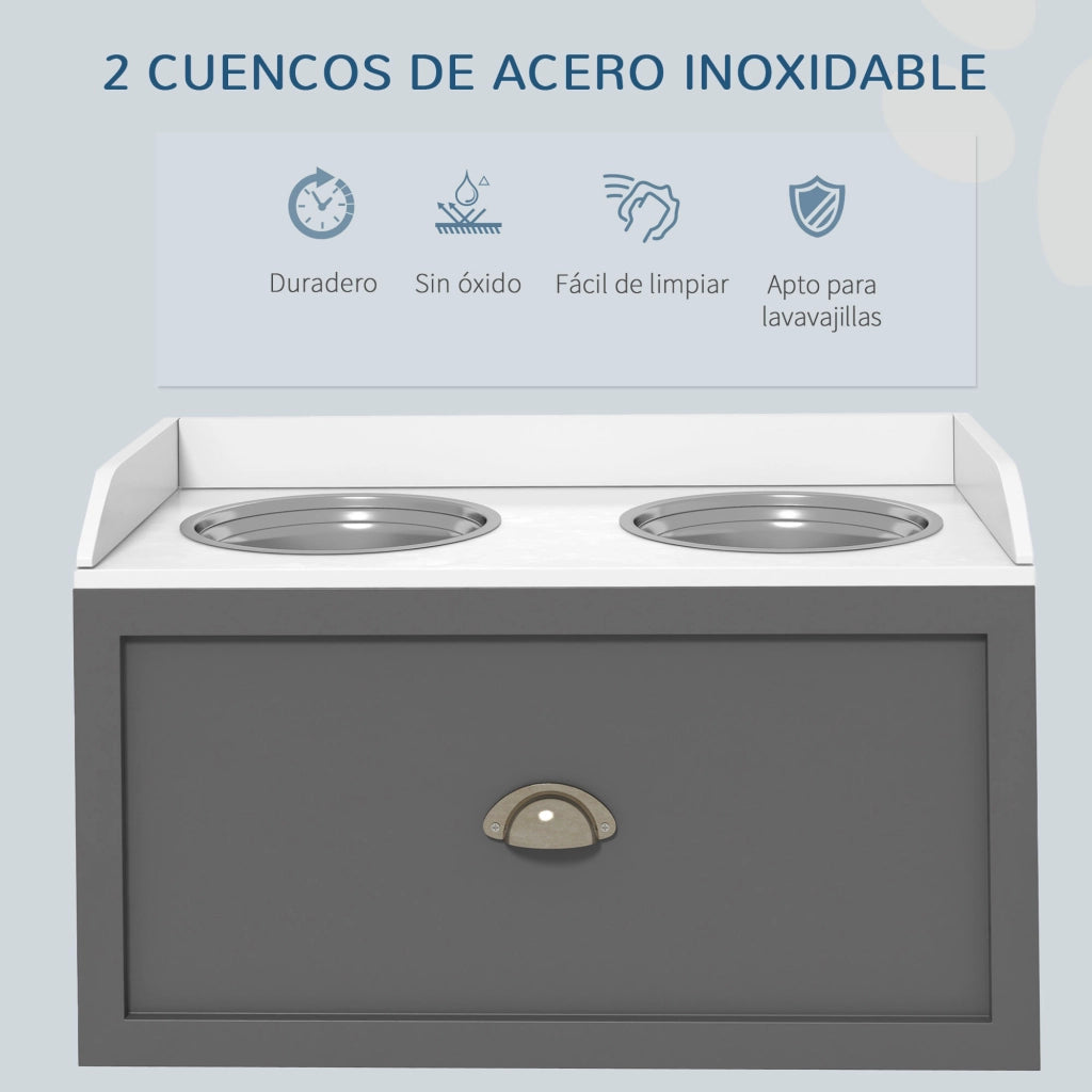 Tavolo per Cani con 2 Ciotole e Cassetto ¨C zephmum ¨C Grigio e Bianco 63x30x36 cm