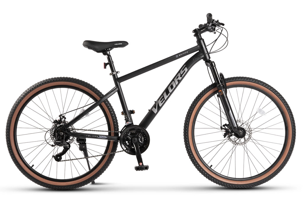 Mountain bike MTB 27;5 pollici in acciaio; cambio 21 velocità; freni a disco meccanici e forcella ammortizzata 100 mm nero grigio