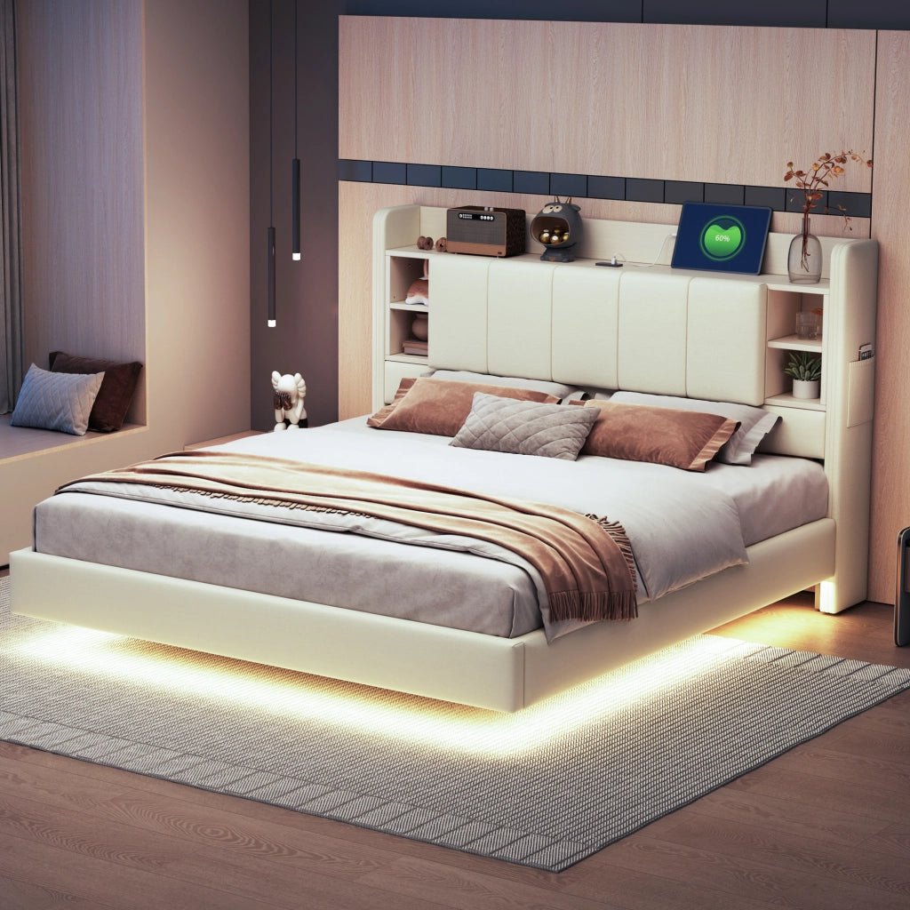 Letto Contenitore 160x200 cm; Matrimoniale; USB; LED; Ripiani in Tessuto Beige