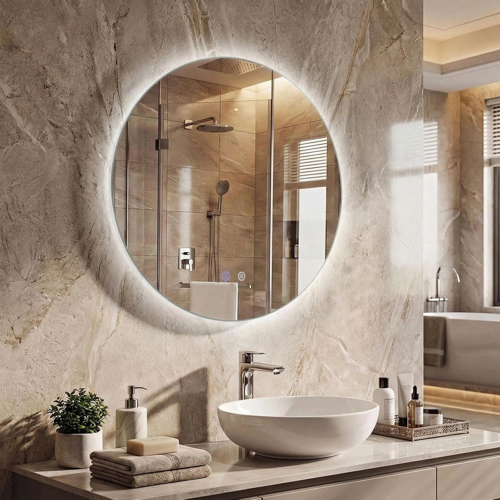 Specchio Rotondo LED da 60 cm, Specchio da Bagno da Parete con Luminosità Regolabile, Retroilluminato Morbido, Vetro Temperato con Funzione Memoria e Anti-Appannamento (60 cm x 2,8 cm)