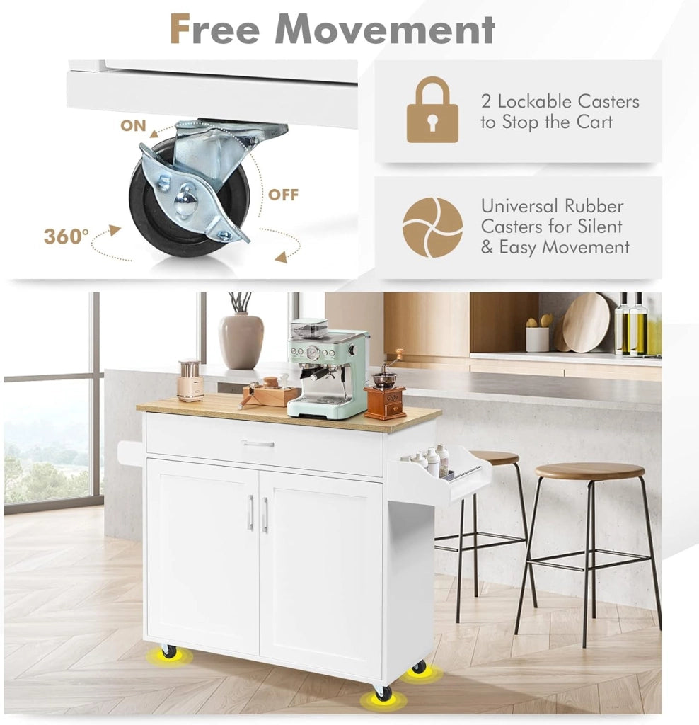 Carrello da Cucina in Legno con Cassetto su Ruote, Armadio da Cucina con Piano di Lavoro, Carrello da Cucina in Stile Rustico, Bianco
