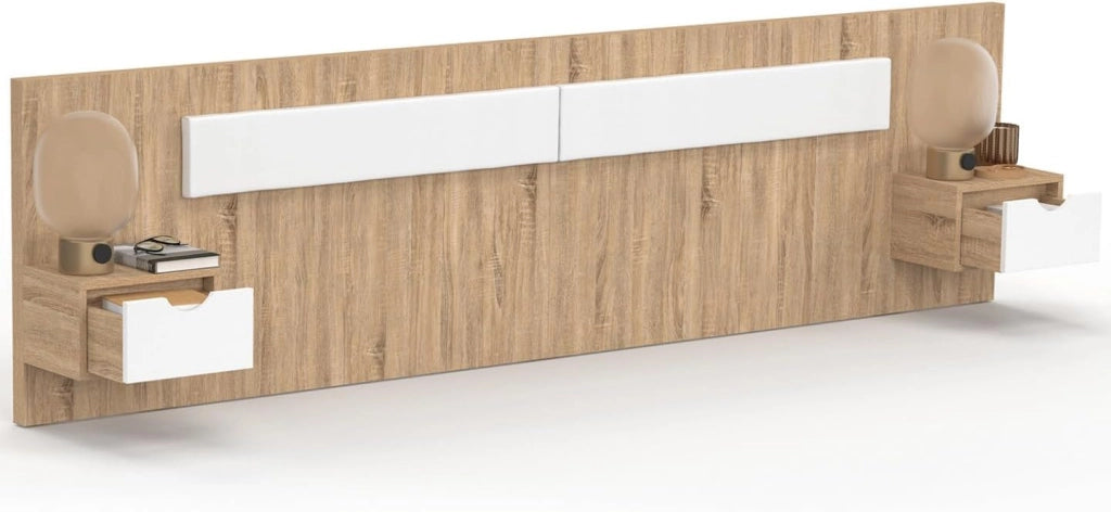 Testata sospesa SANTA con comodini per letti da 140, 160 e 180 cm in legno e bianco