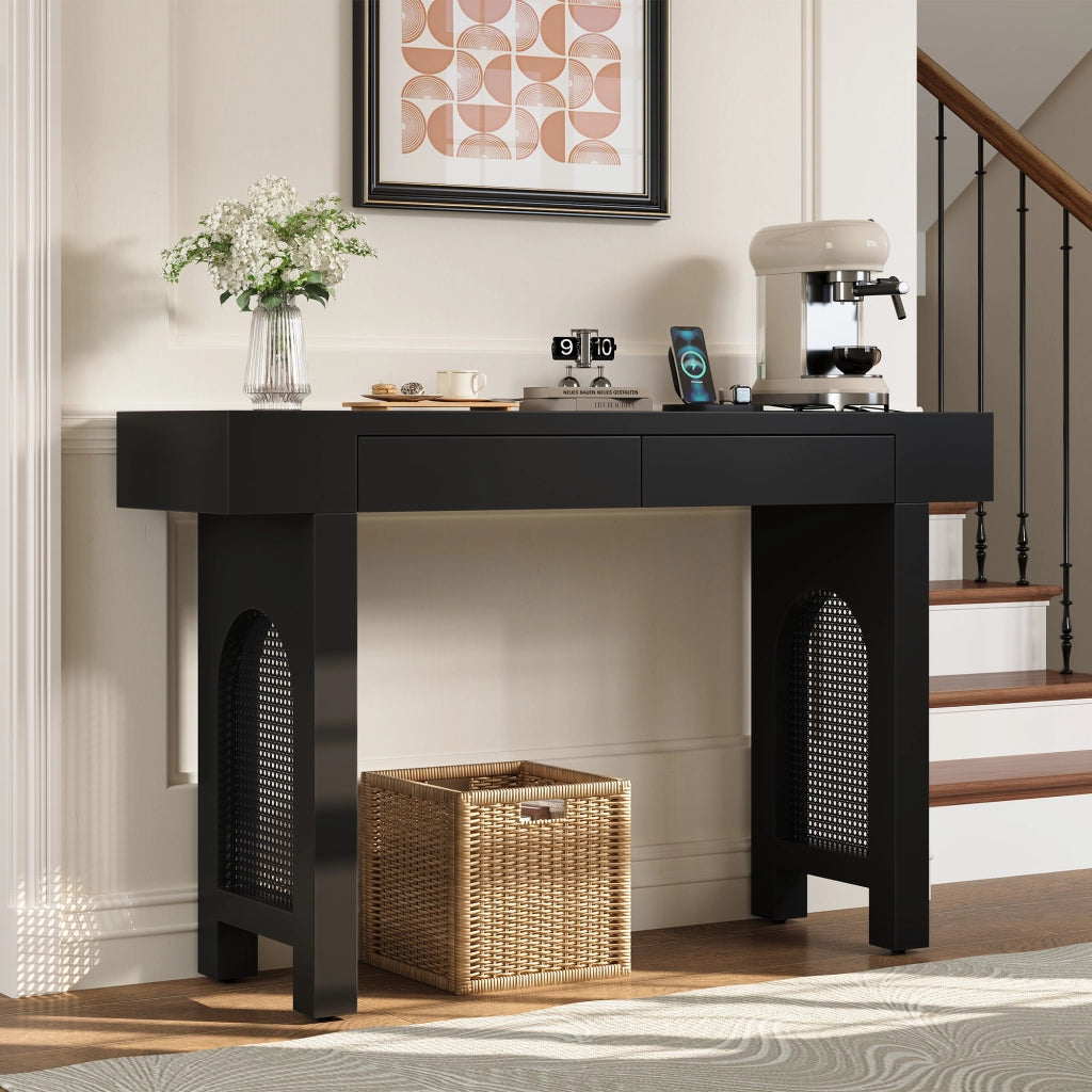 Consolle con 2 cassetti e ciabatta integrata per ingresso e soggiorno in MDF nero 120 × 35,5 × 76,5 cm