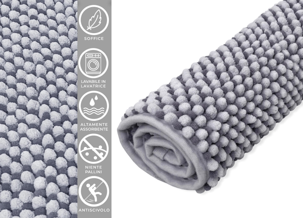 Tappeto Bagno Doccia Antiscivolo In Ciniglia Super Assorbente Modello Dots - Parure 3 Pezzi - Perla