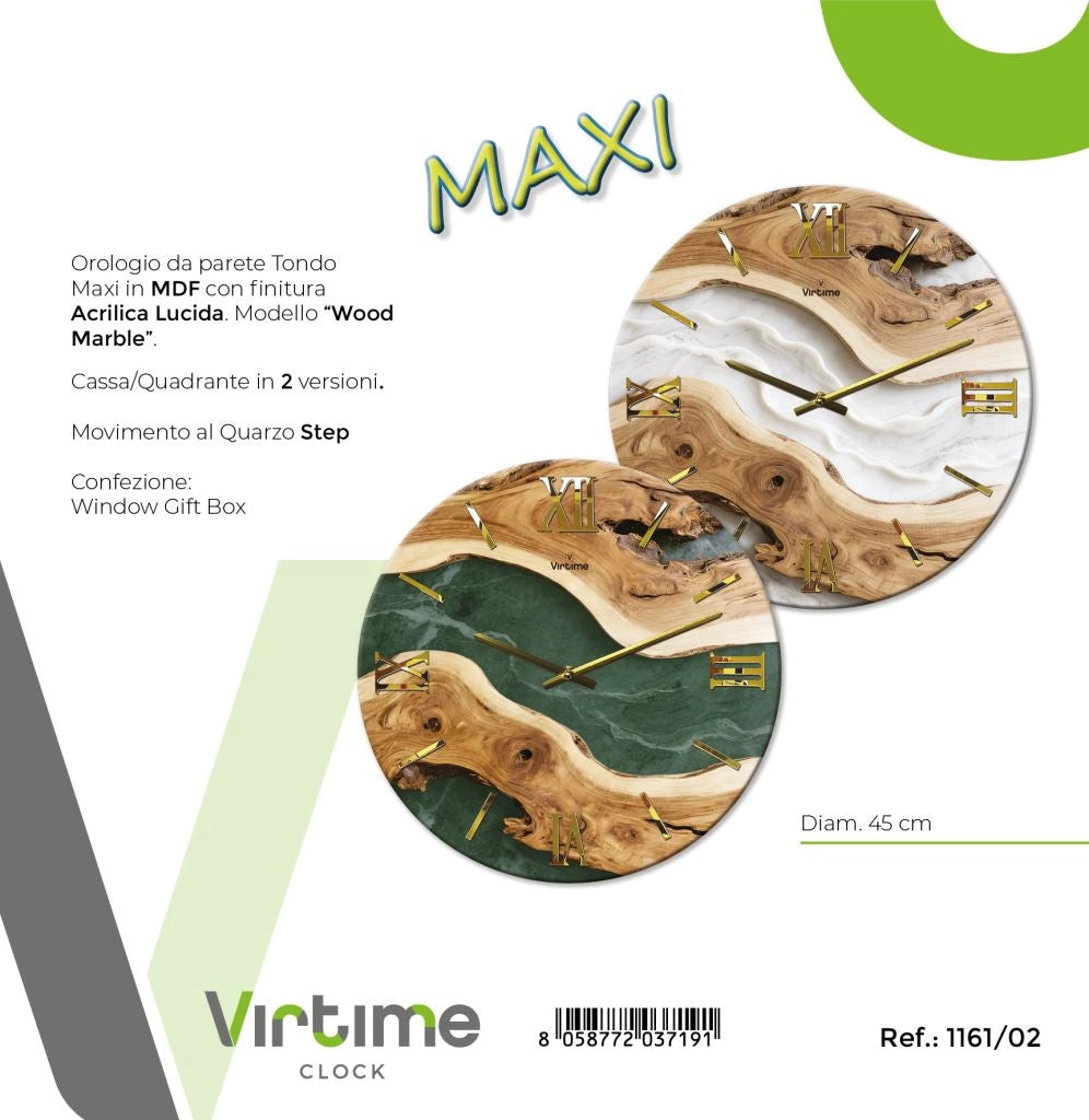 1 Pezzo Orologio da Parete in Legno Marble Acrylic 45 cm 2 Decori
