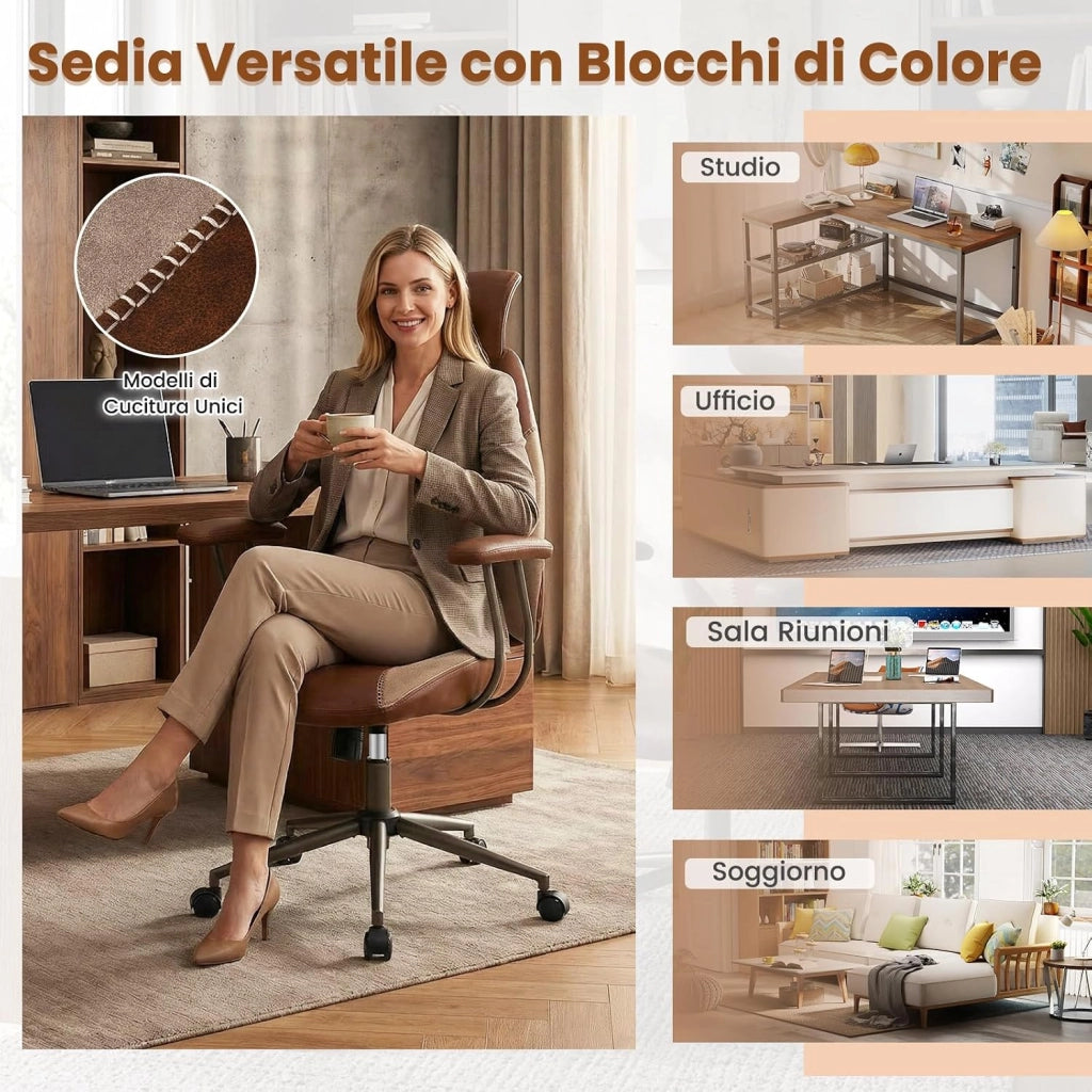 Sedia da Ufficio Ergonomica, Sedia da Scrivania in Tessuto di Lino con Poggiatesta 2D, Schienale Oscillante e Ruote, Poltrona da Lavoro Regolabile Girevole, Portata 150 kg (Marrone)