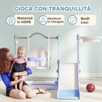Gioco per Bambini 4 in 1 con Scivolo, Altalena, Arrampicata e Canestro, 147.5x160x107 cm, Azzurro Chiaro