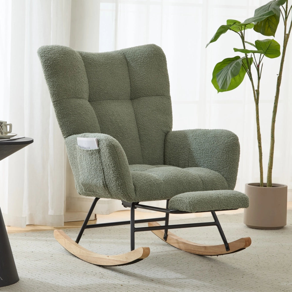 Poltrona a dondolo ergonomica con pouf, schienale avvolgente e braccioli, base in legno, in tessuto teddy verde