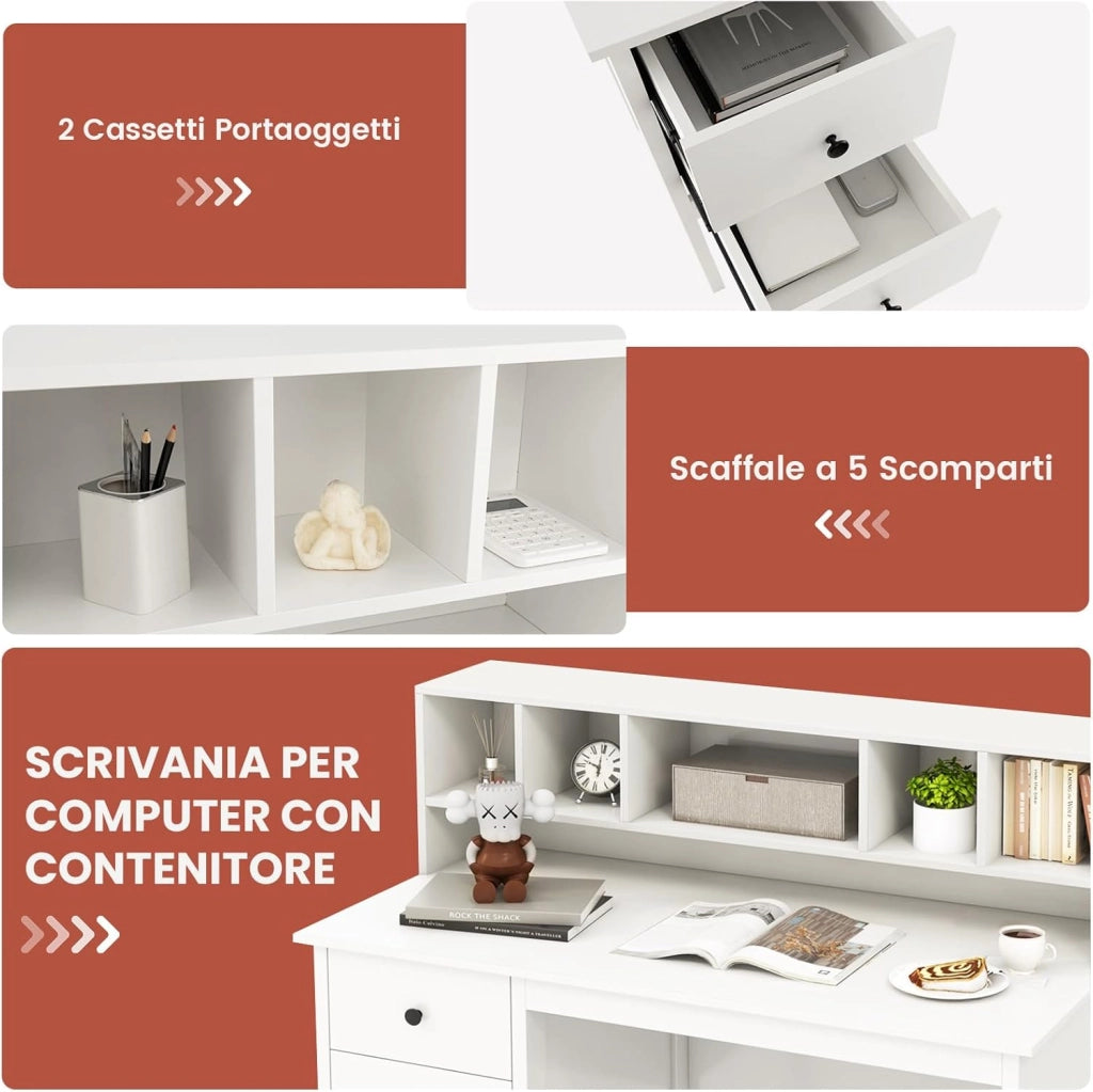 Scrivania con Cassetti e Libreria, Scrivania Salvaspazio con 5 Vani e 2 Cassetti, Scrivania Moderna da Ufficio e Casa, Bianco