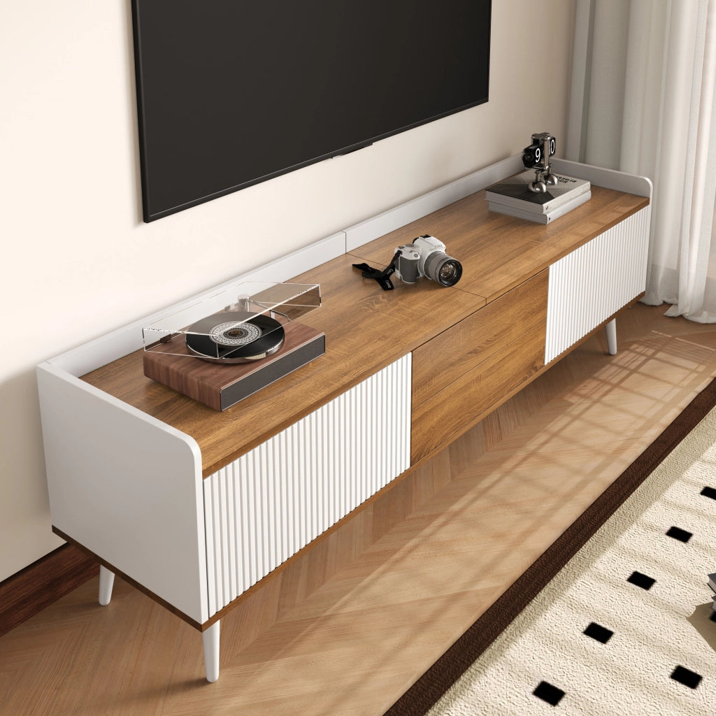 Mobile TV con 3 Ante Rigate; Bordo Rialzato e Antiribaltamento; Stile Moderno; 160??39??49;5 cm; in MDF; Bianco e Naturale