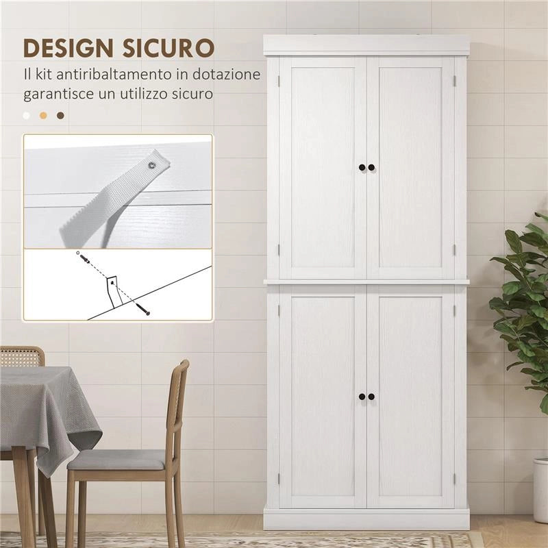 MOBILE CUCINA ALTO CON 6 RIPIANI REGOLABILI E 2 ANTE IN LEGNO, BIANCO 76X40.5X184 CM